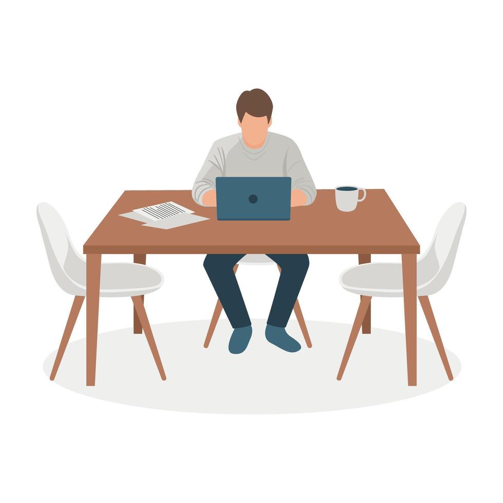 Man Working on Laptop at Home Desk vector