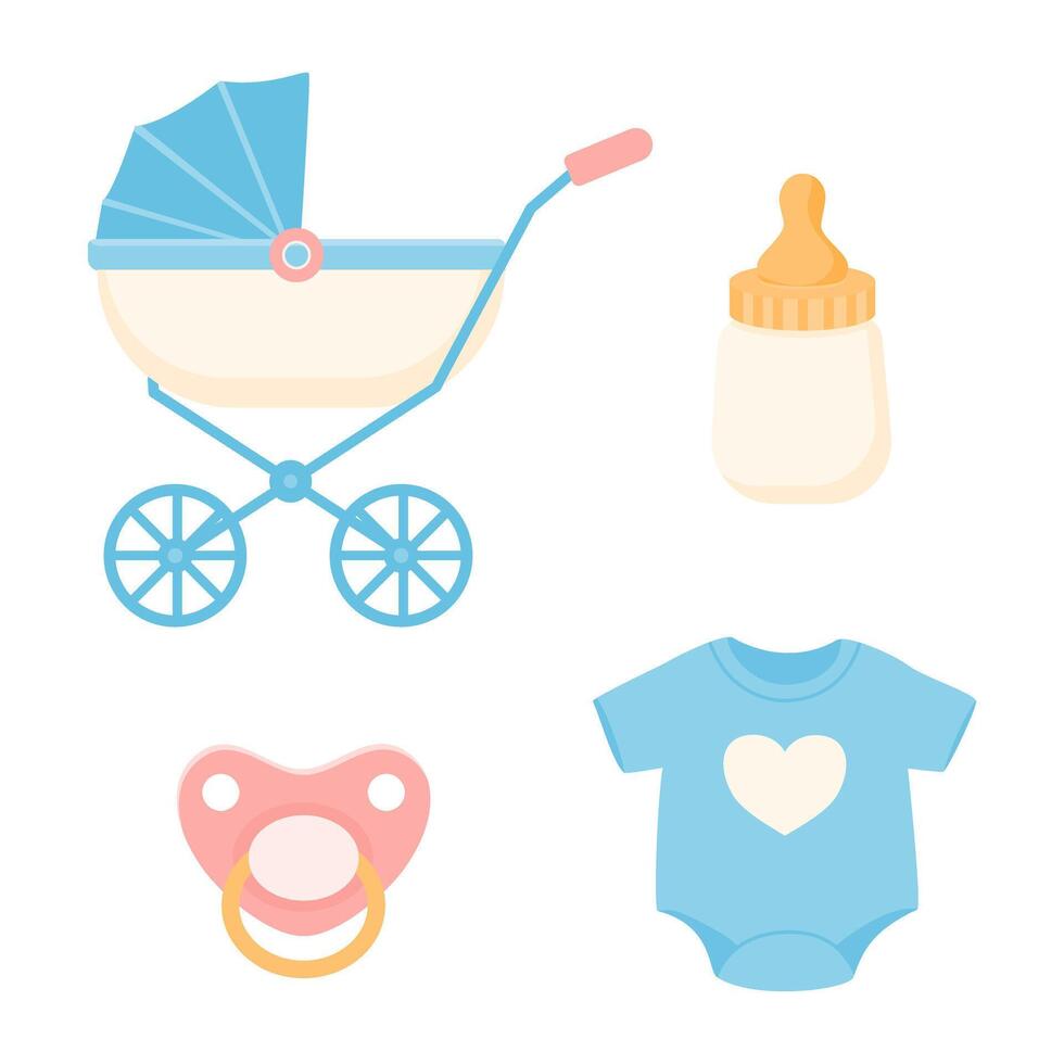 Baby Essentials Pram, Bottle, Pacifier, and bodysuit vector