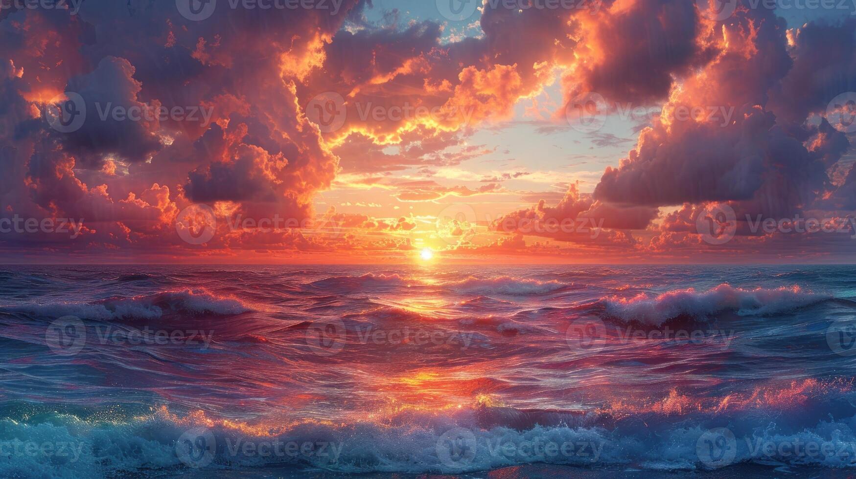 beautiful sunset over the ocean and visible orange clouds photo