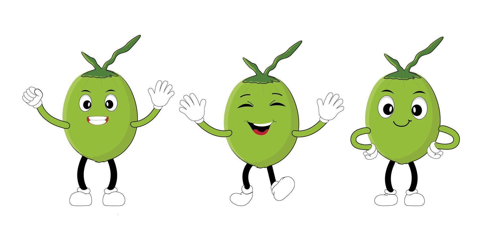 Set of green coconut fruit cartoon character, Mascot poses with smile expression Isolated design Illustration vector