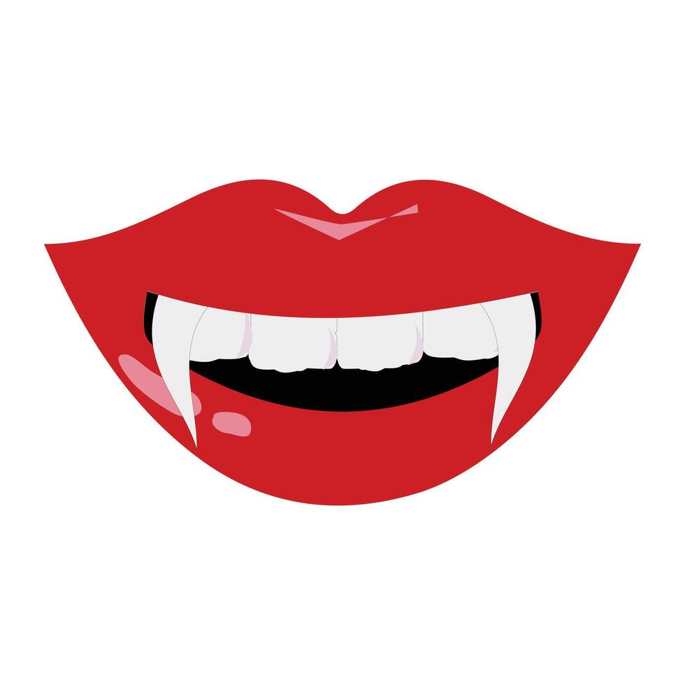 Vampire mouth with fangs and teeth icon illustration. Cartoon open red lips woman with long pointed teeth expression emotion, suitable for halloween design theme vector