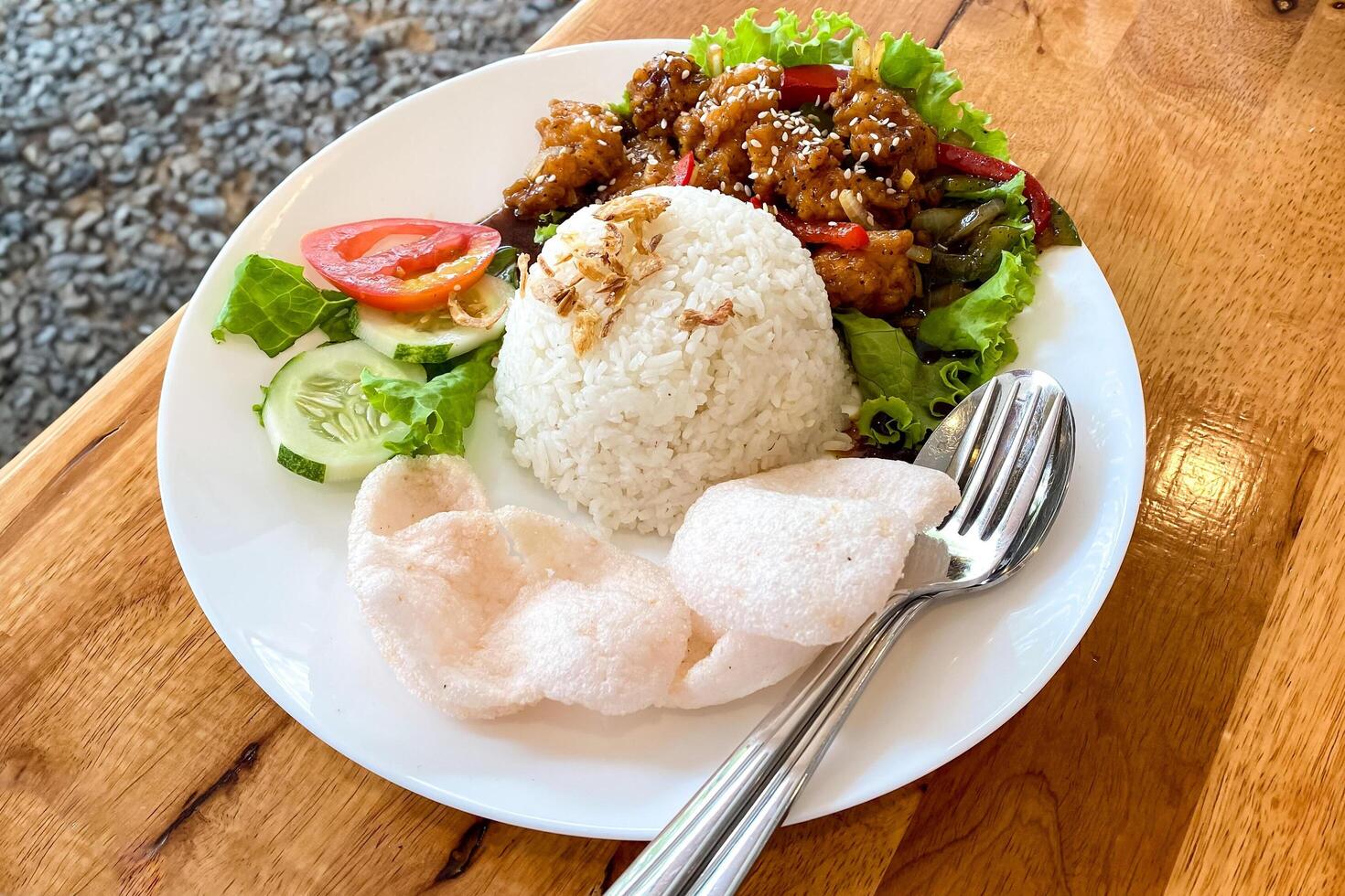 Chicken black pepper sauce served with rice, vegetables and crackers. Asian delicious food. Ayam lada hitam. Chicken breast cuts and served with black pepper sauce. photo