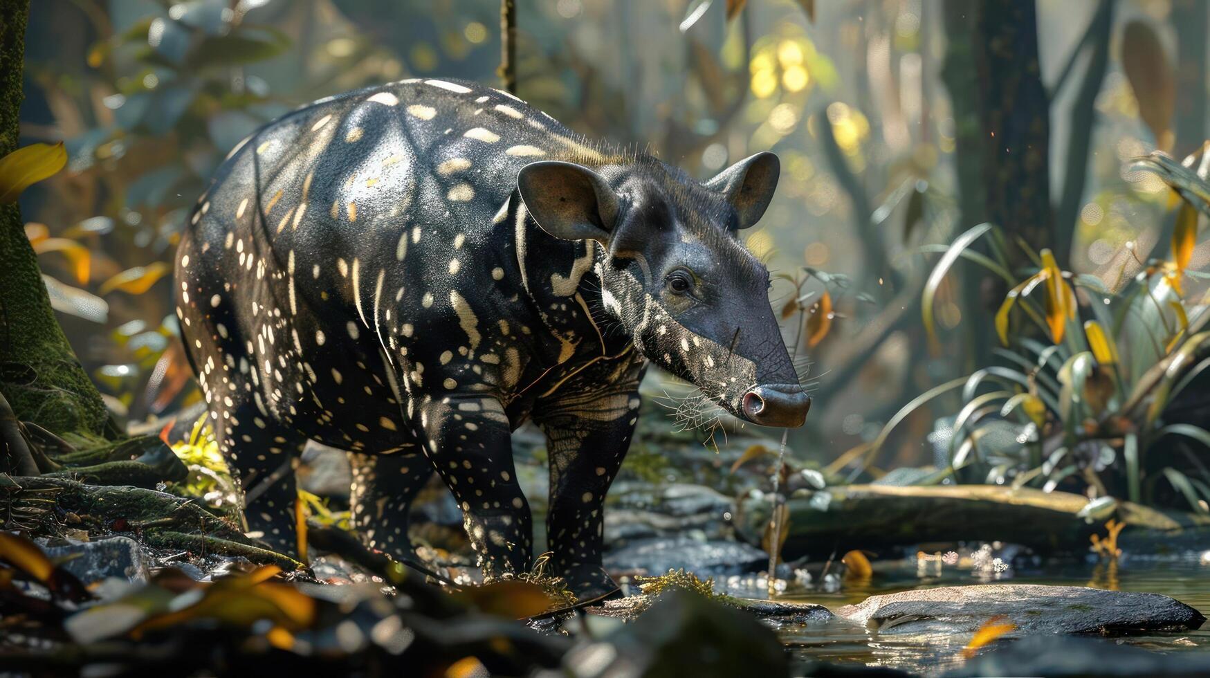 A giraffe with spots bathing in a river, surrounded by lush greenery and wild animals. photo