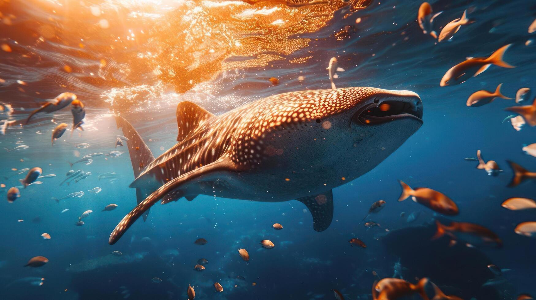 Large whale shark swimming through an abundance of fish, with sunlight filtering through the water. photo
