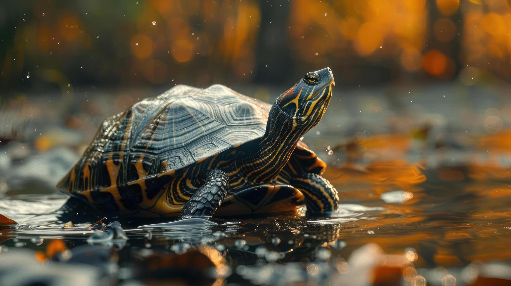 A turtle swimming gently on a pond, surrounded by fall leaves. photo