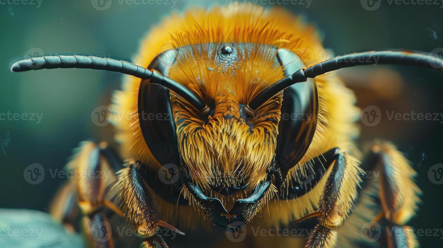 A close up of a bee with a blurred background. photo