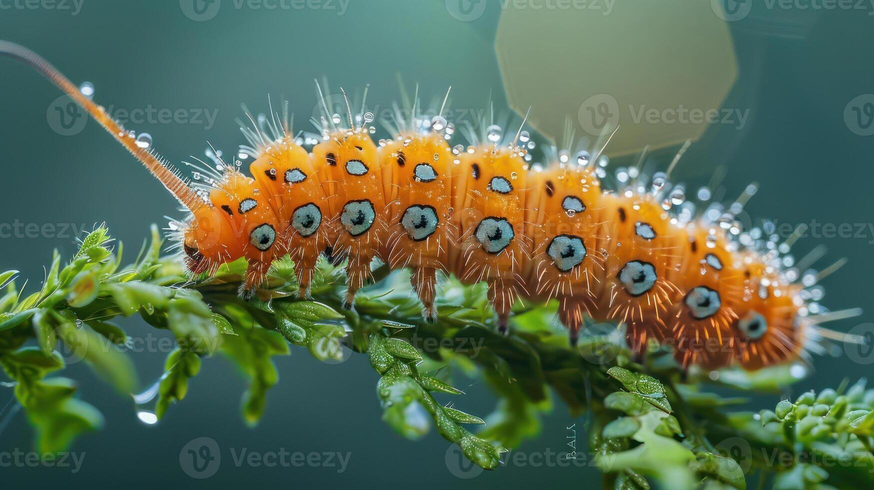 a photo of an orange and yellow larva with wings, sitting on a plant.