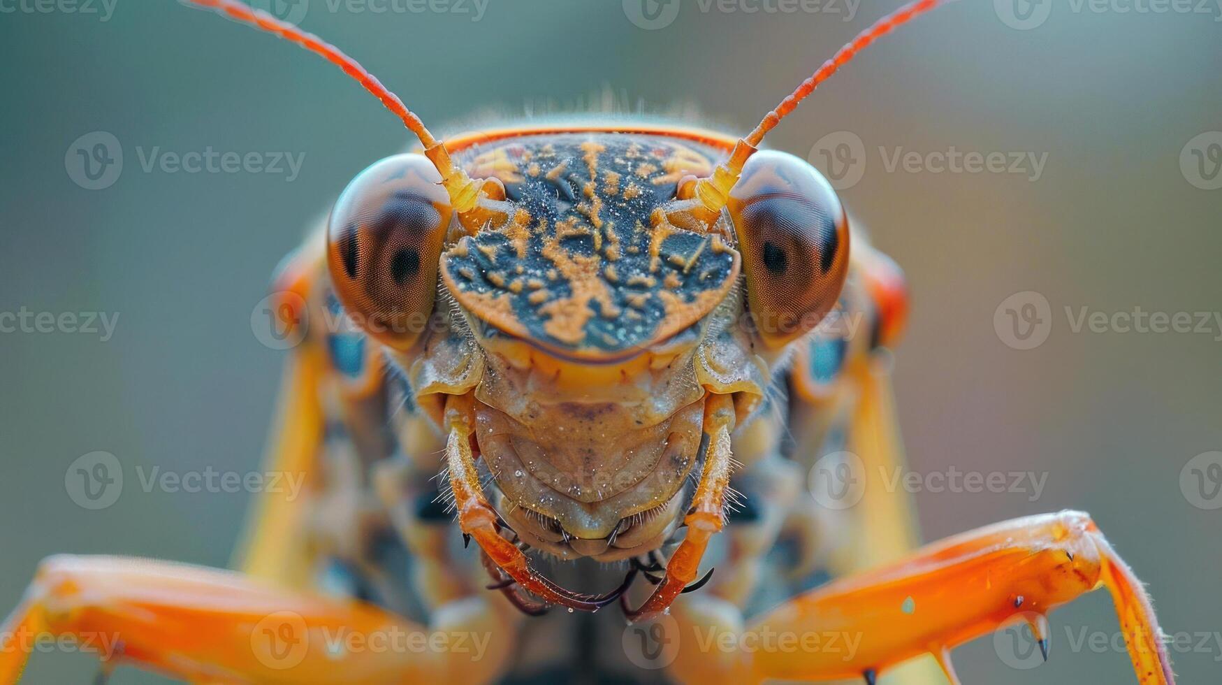 A close-up photo of a grasshopper with its eyes open and antennae raised, facing the camera.