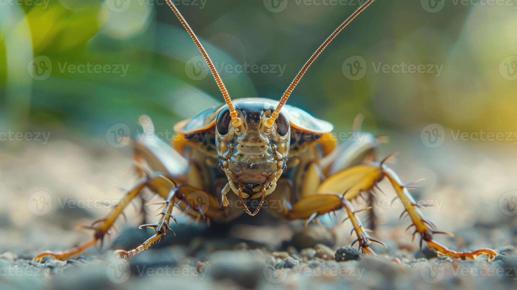 A close-up image of a green and brown grasshopper with distinctive orange legs. photo