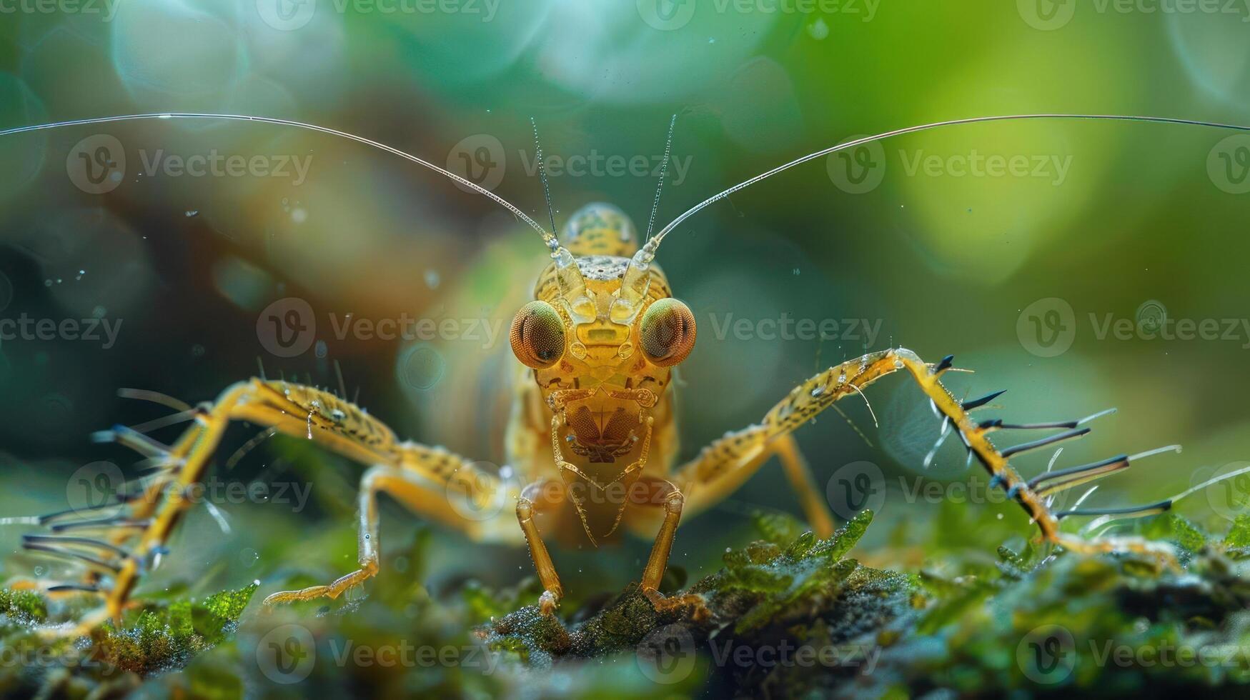 A close-up of a jumping spider with its legs extended, on top of a plant leaf. photo
