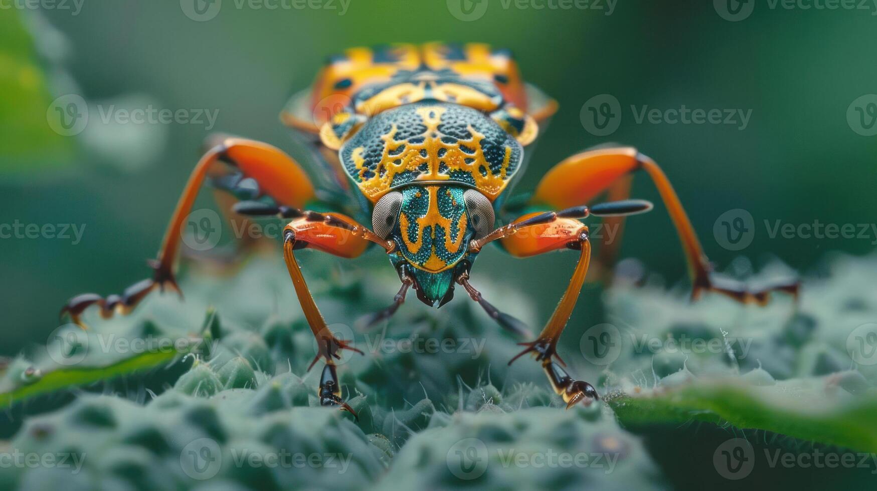 A colorful beetle stands out against a green backdrop. photo