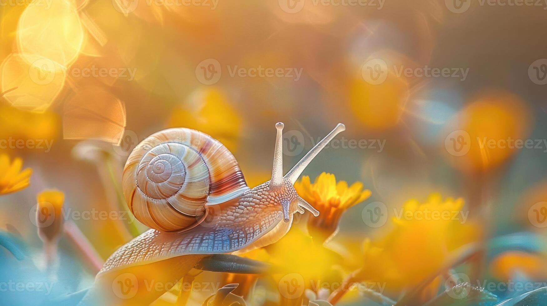 A vibrant close-up of a snail exploring a field filled with yellow flowers. photo