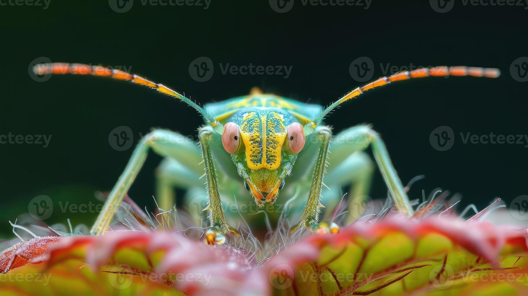 A close-up photograph of a vibrant blue and green ladybug on a red flower. photo