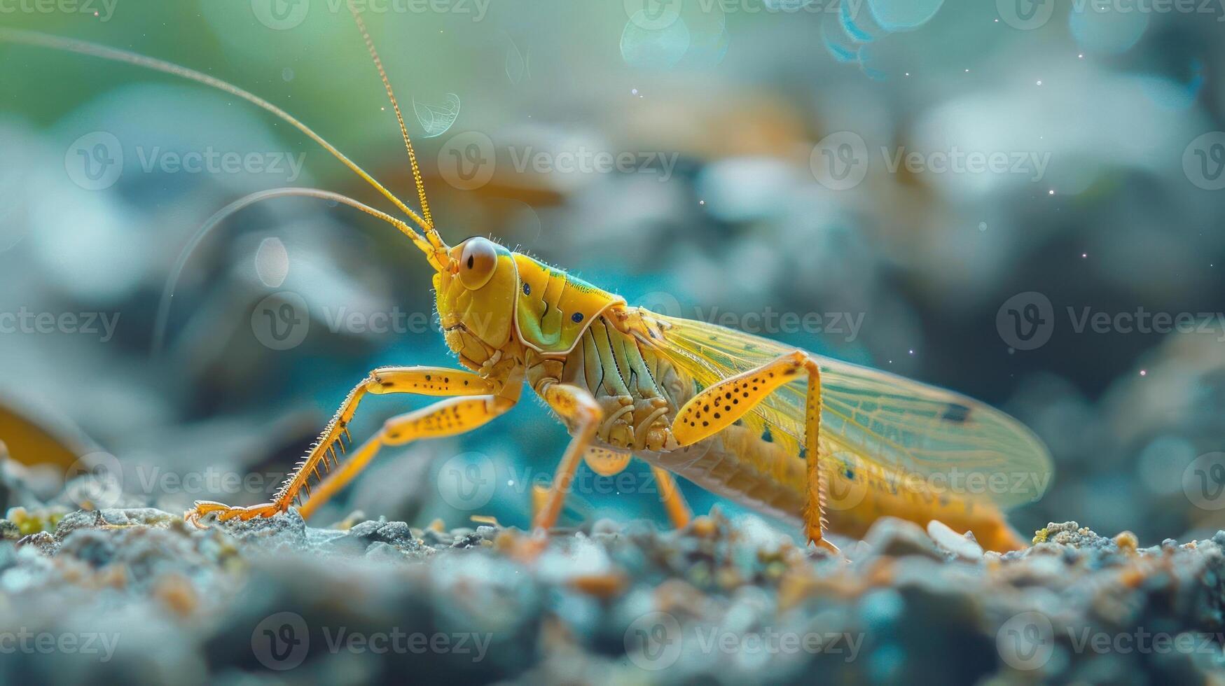 a crustacean, likely an insect known as a grasshopper or locust, positioned on a bed of gravel. photo