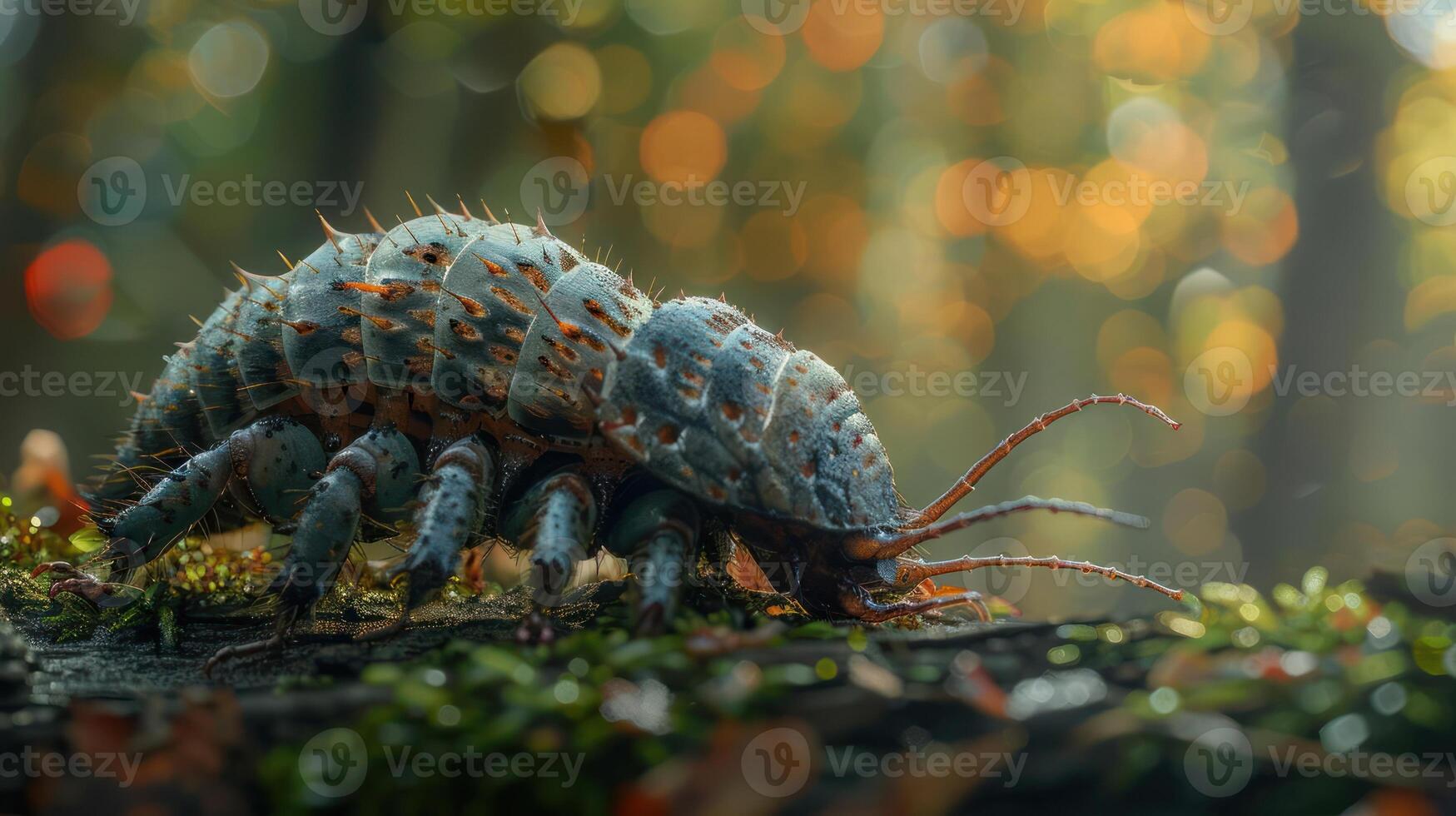 An enchanting image of an intricately designed caterpillar crawling amidst the verdant forest, photo