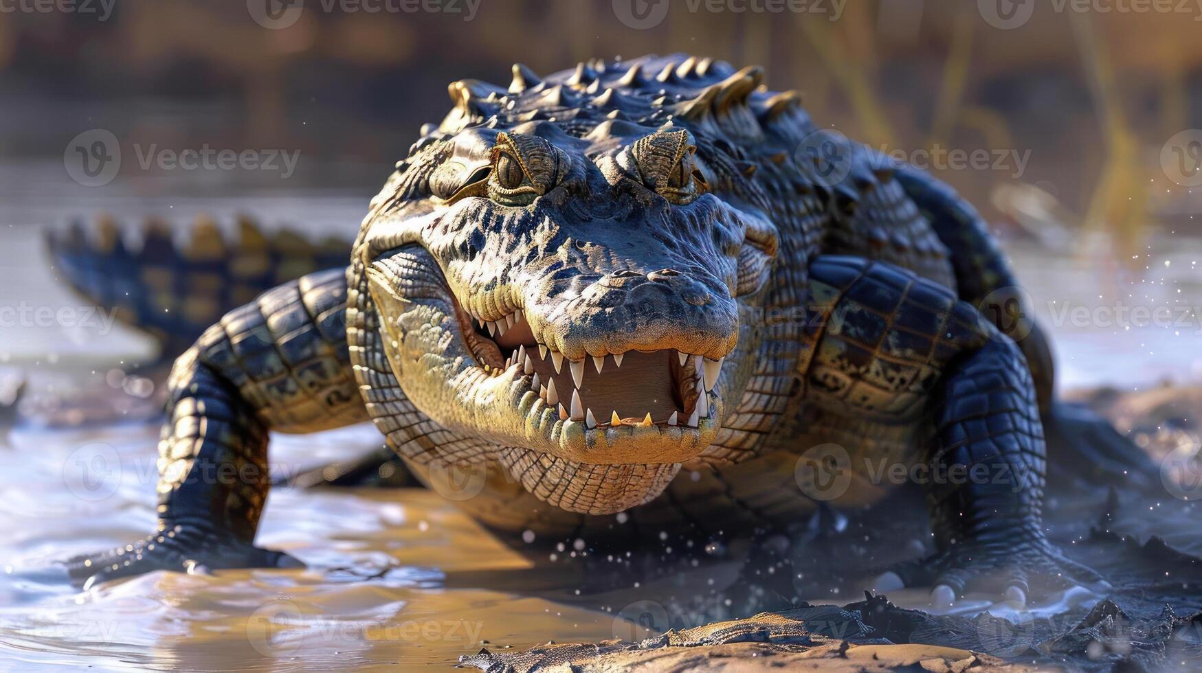 A close-up photograph of a crocodile in the water, holding a small fish on its mouth. photo