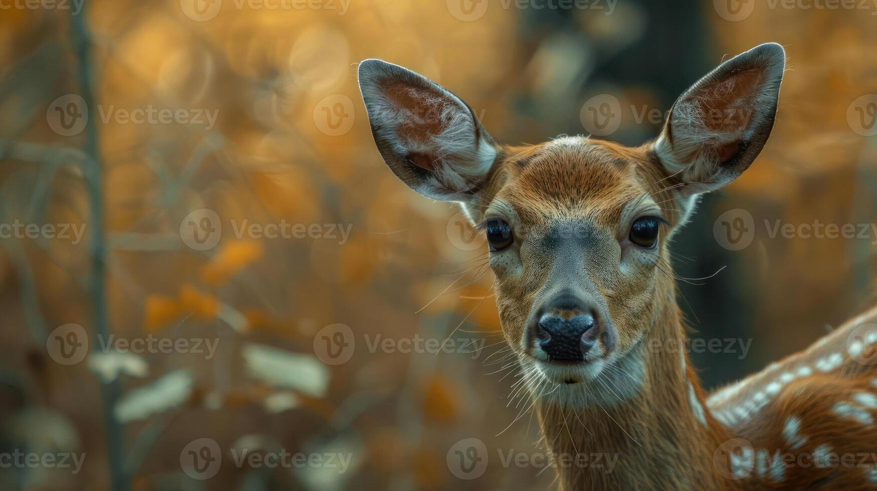 A deer standing among autumn leaves, looking at the camera with a calm expression. photo