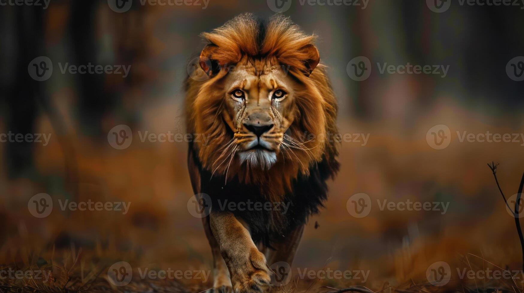 A majestic lion strides confidently on a plain, photo