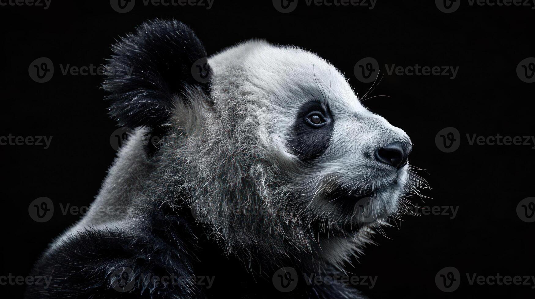 A panda bear with a shining coat of fur and snowflakes falling around it. photo