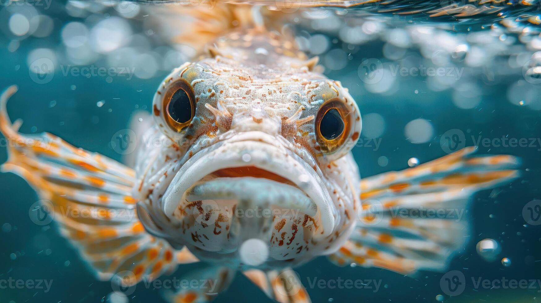 A close-up photo of a grouper under water, captured from above.