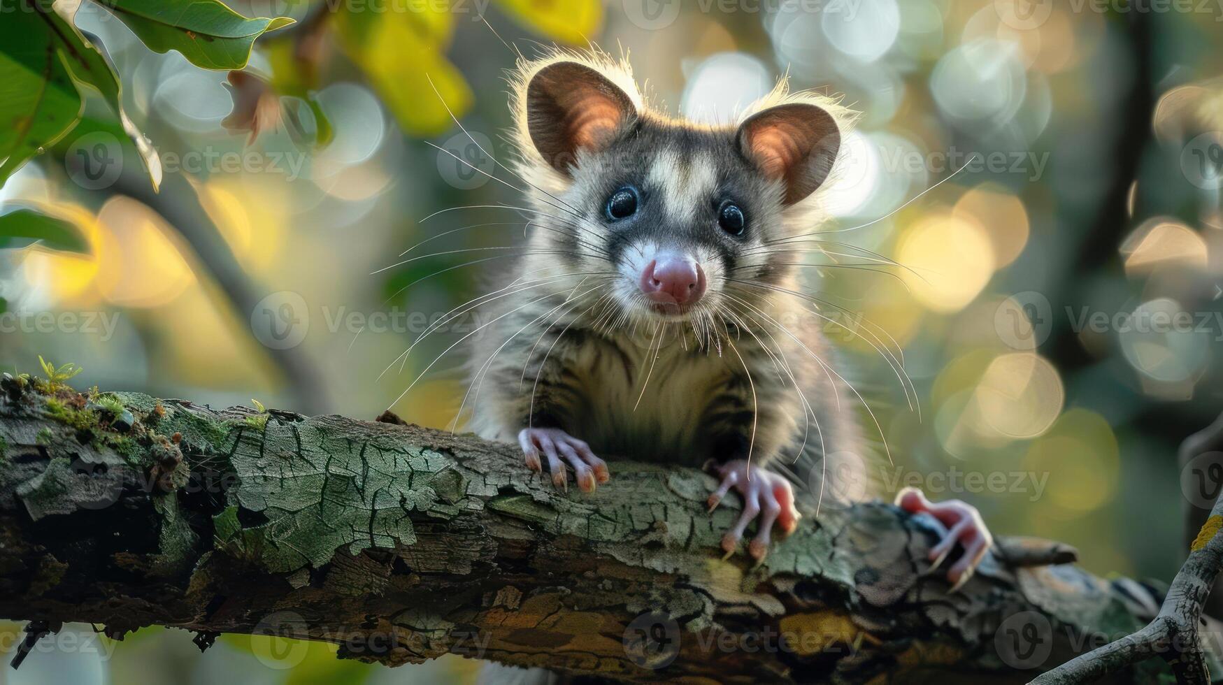 Adorable baby possum perched on a tree branch, looking straight ahead with curiosity and innocence. photo