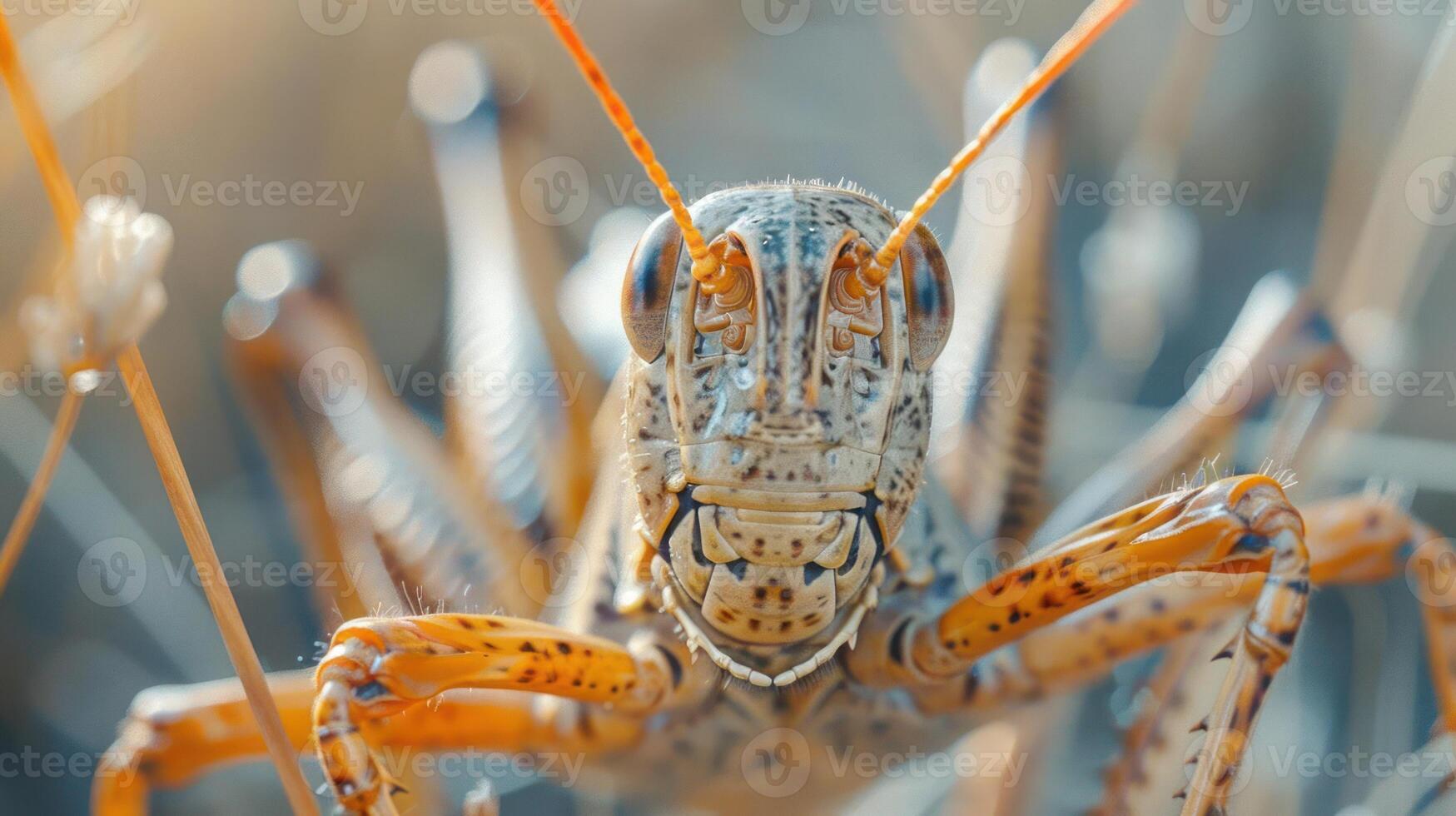A close up of a grasshopper looking at the camera. photo