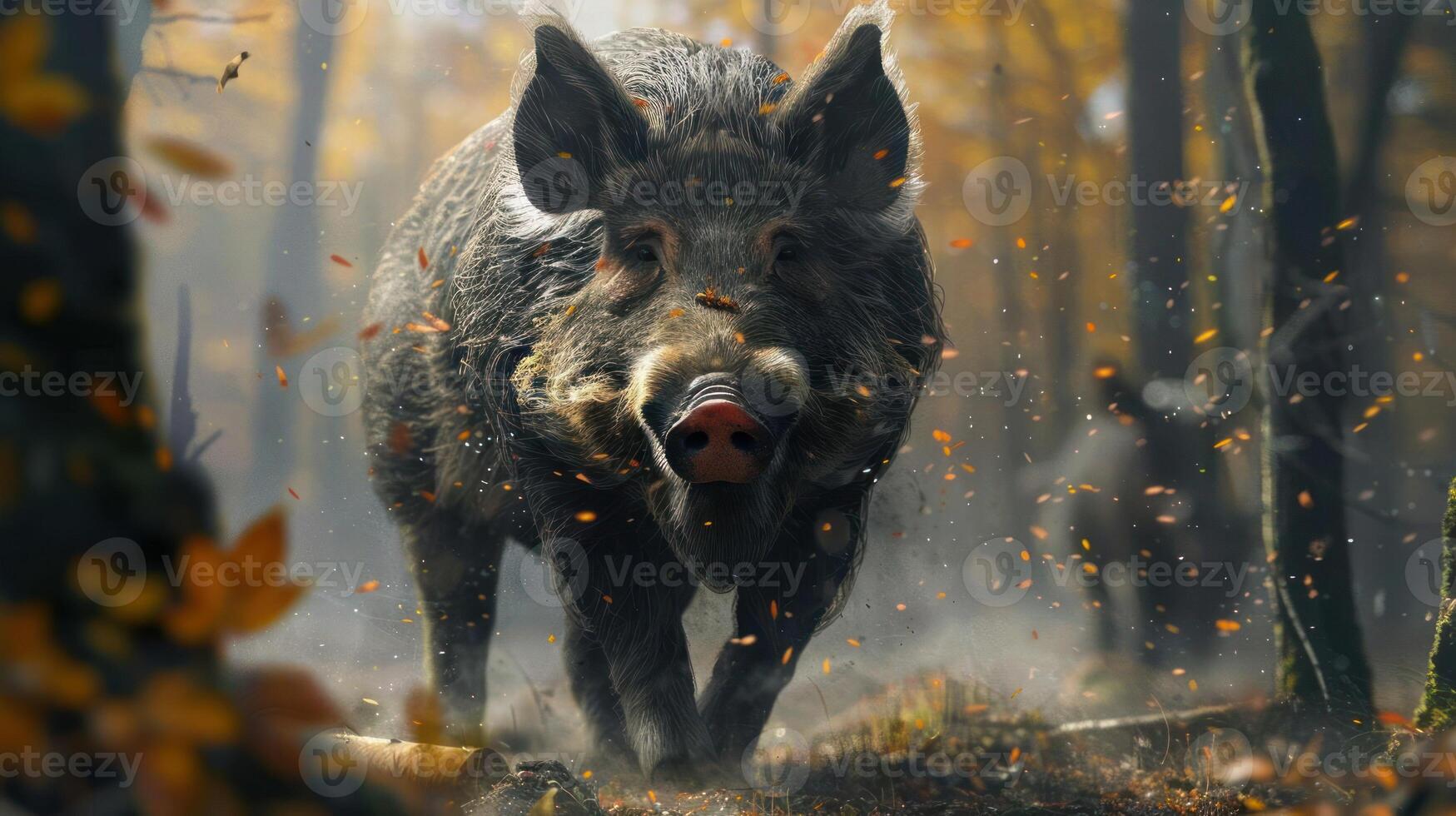 A majestic wilderness scene with a pig in the forest during autumn, photo