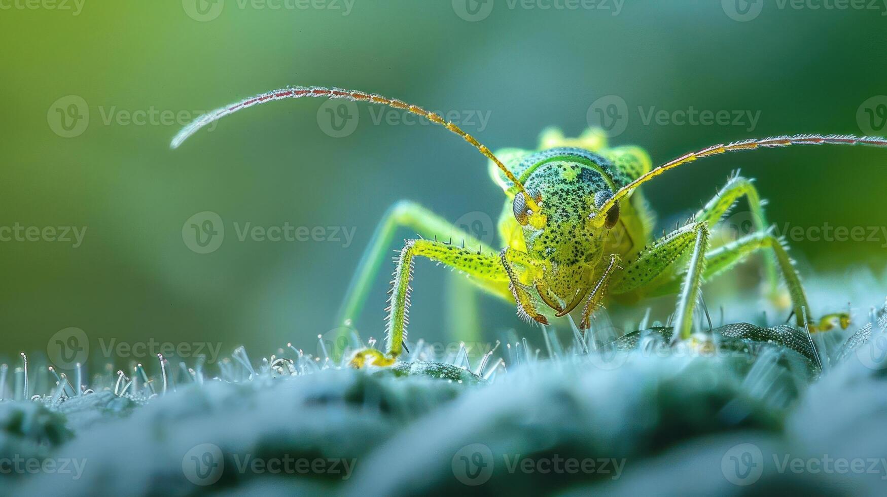 A close-up of a colorful green and yellow ladybug on a leaf, with focus on the bug's details. photo
