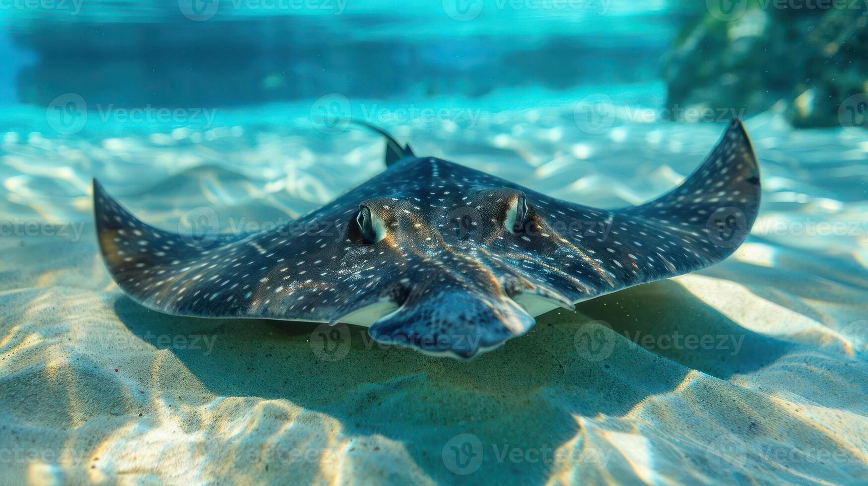 A colorful underwater scene featuring a sea cucumber, stingrays, and possibly a pufferfish. photo