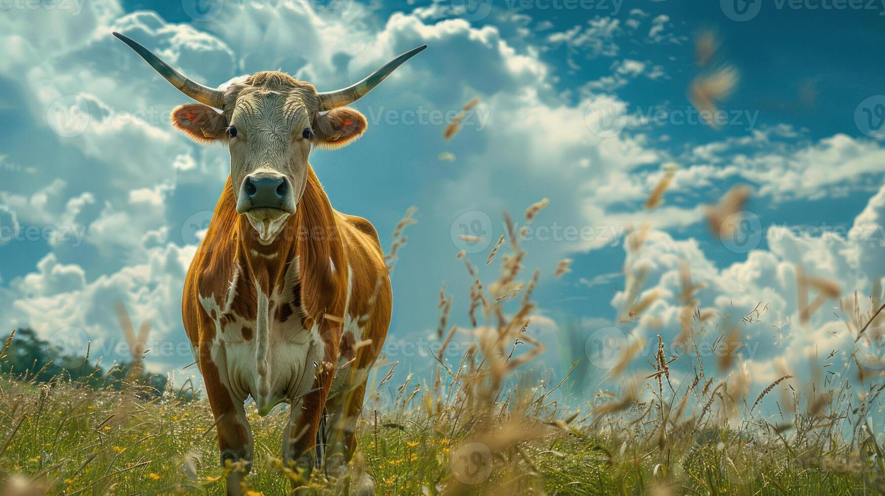 The photo features a long-horned cow standing in the middle of a green, grassy field.