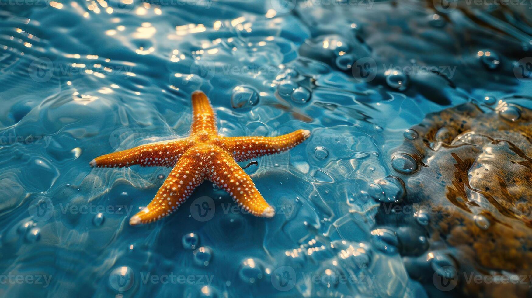 A vibrant coral starfish perched on a rock under the ocean's surface, photo