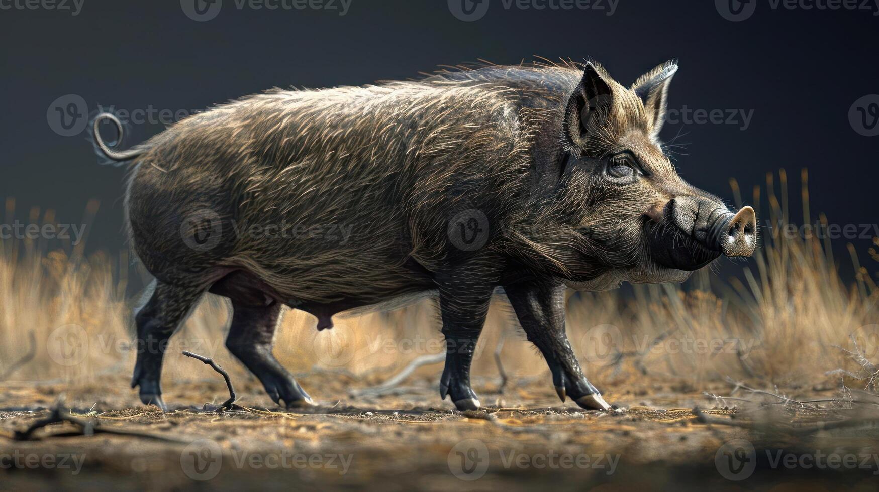 A pig walking on an arid plain with grass and dirt around it. photo