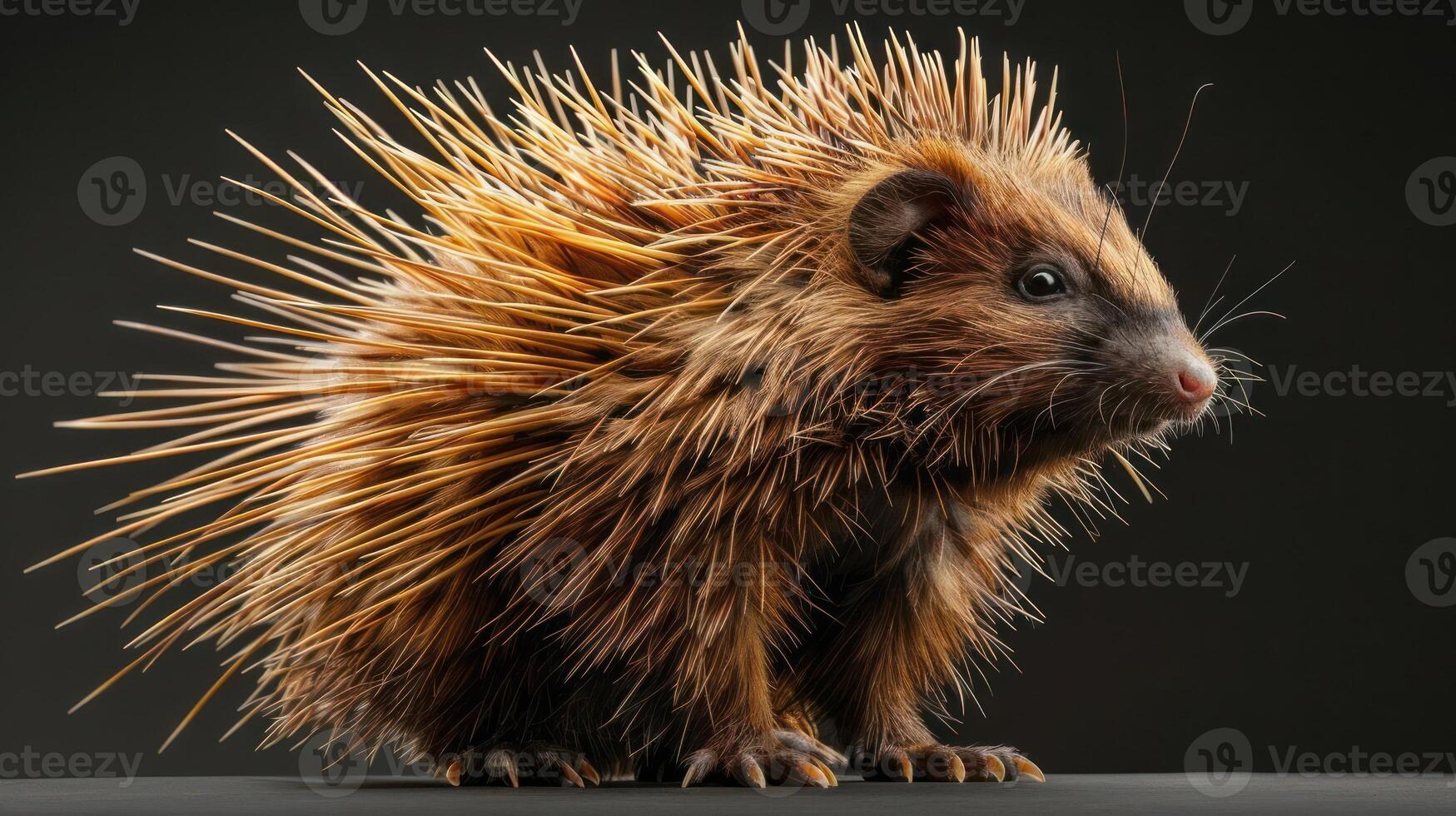 A single porcupine with its back facing the camera, showing a close-up of the spines on its back. photo