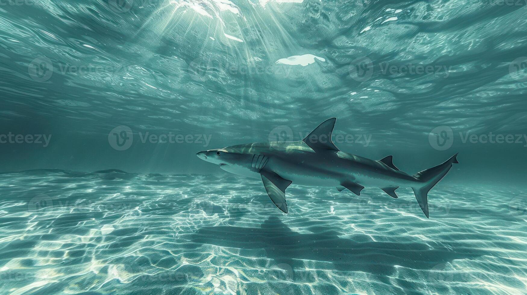 A school of three hammerhead sharks swimming in clear ocean water. photo
