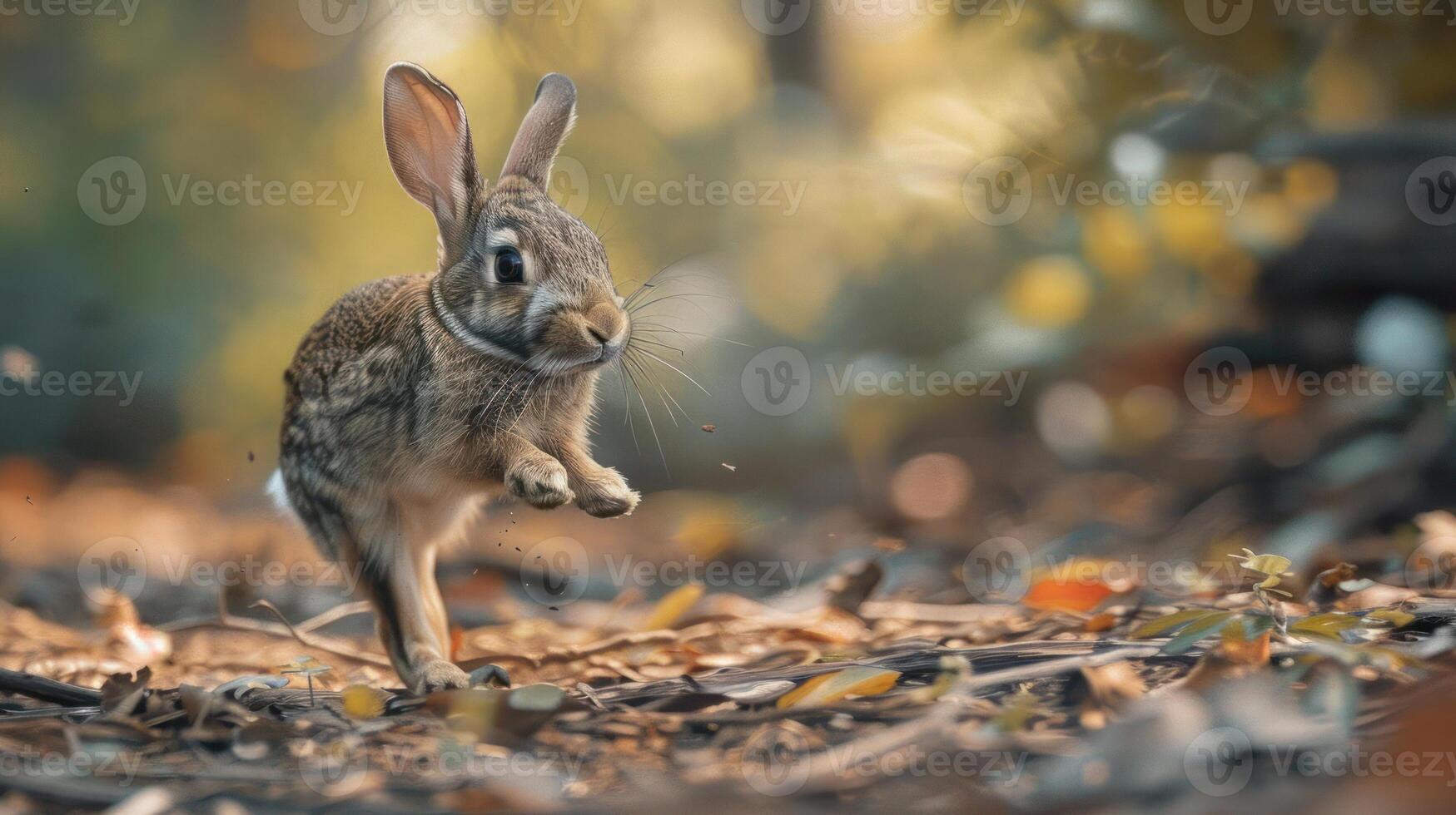 Cute little bunny with big ears in motion, enjoying the outdoors during autumn. photo