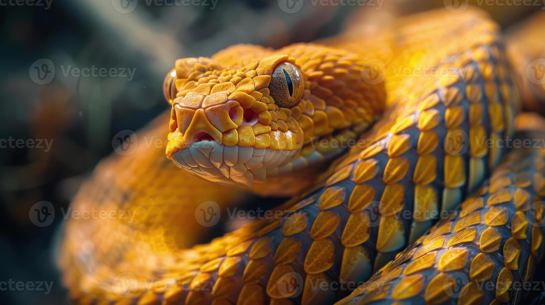 Yellow diamondback rattlesnake with its eyes closed, looking directly at the camera. photo