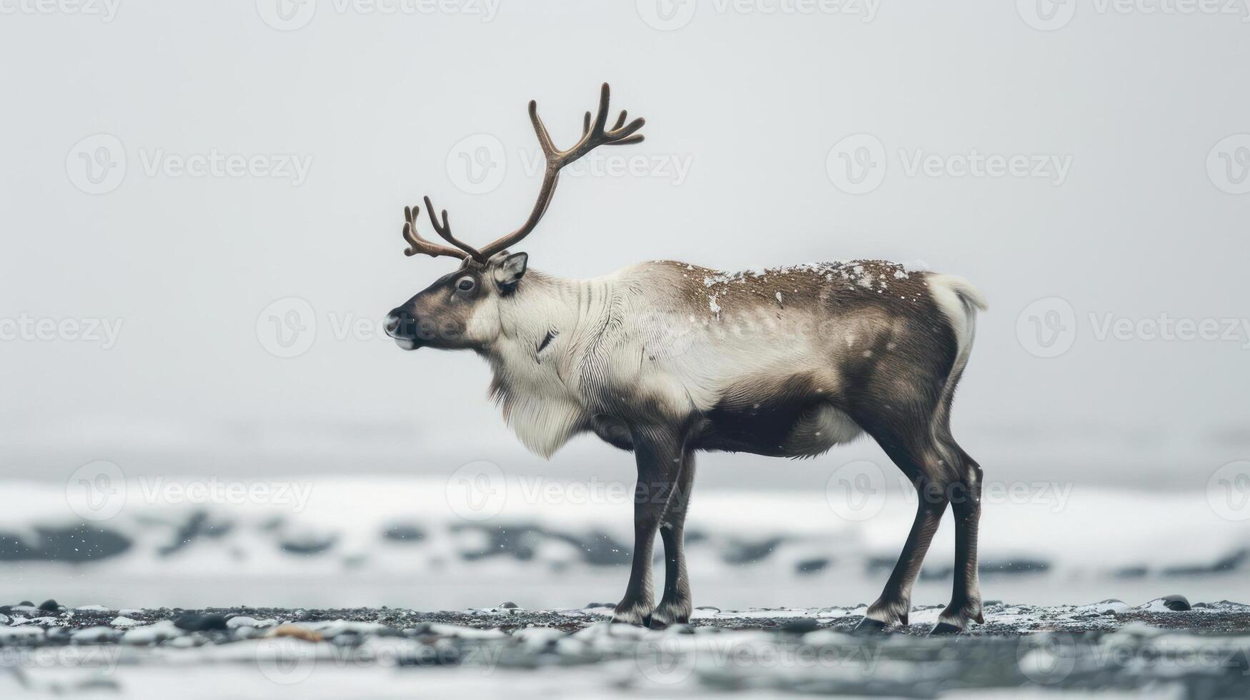 A majestic reindeer strides through the snow, with a wintry landscape in the background. photo