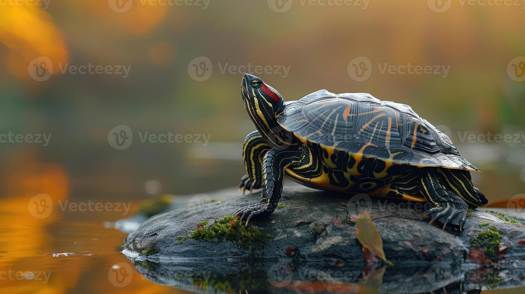 a beautiful scene of an autumn turtle perched on a rock by the water's edge. photo
