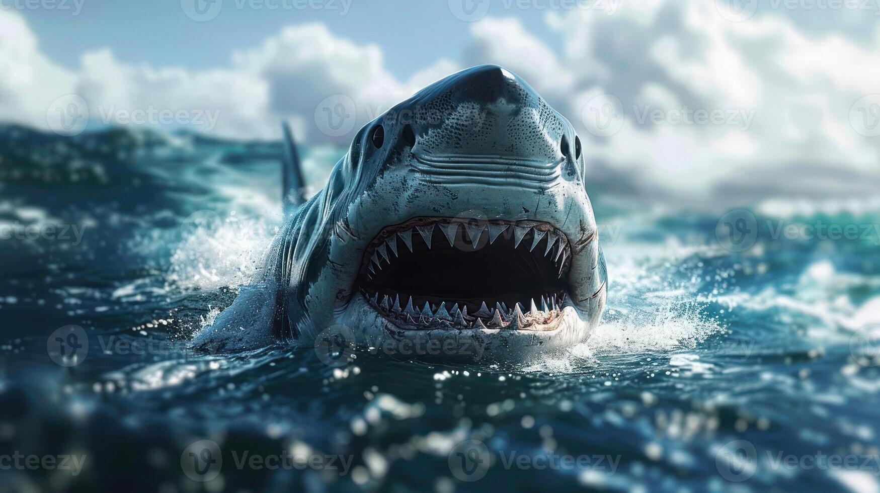 A picture of a shark in the ocean with white clouds above. photo
