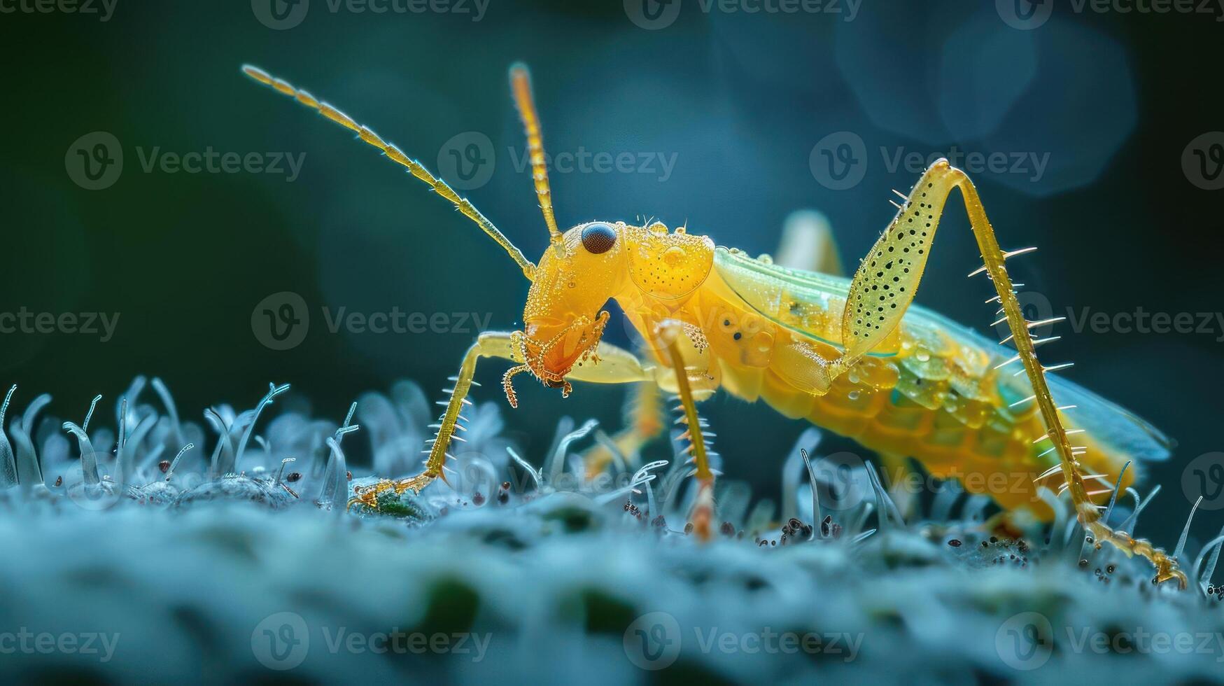 A close-up image of a yellow and black bee standing on a surface. photo