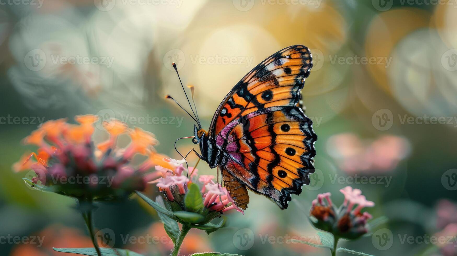 A brightly colored butterfly standing on a vibrant pink flower. The background is soft and blurred, photo