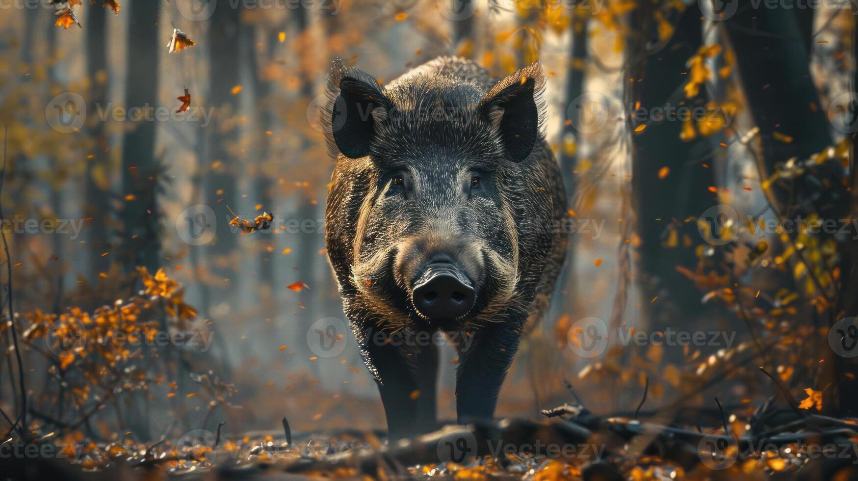 A pig is seen walking through a wooded area, surrounded by leafy trees and fallen leaves, photo