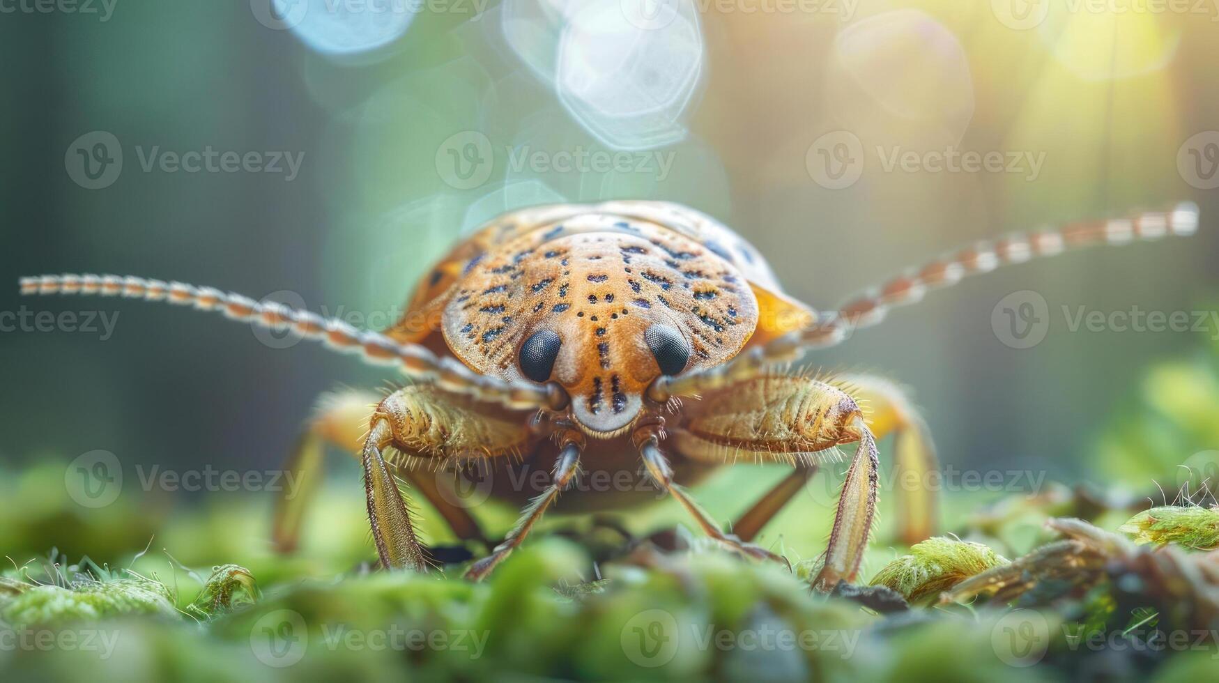 A close-up image of a cockroach standing on green moss in nature. photo