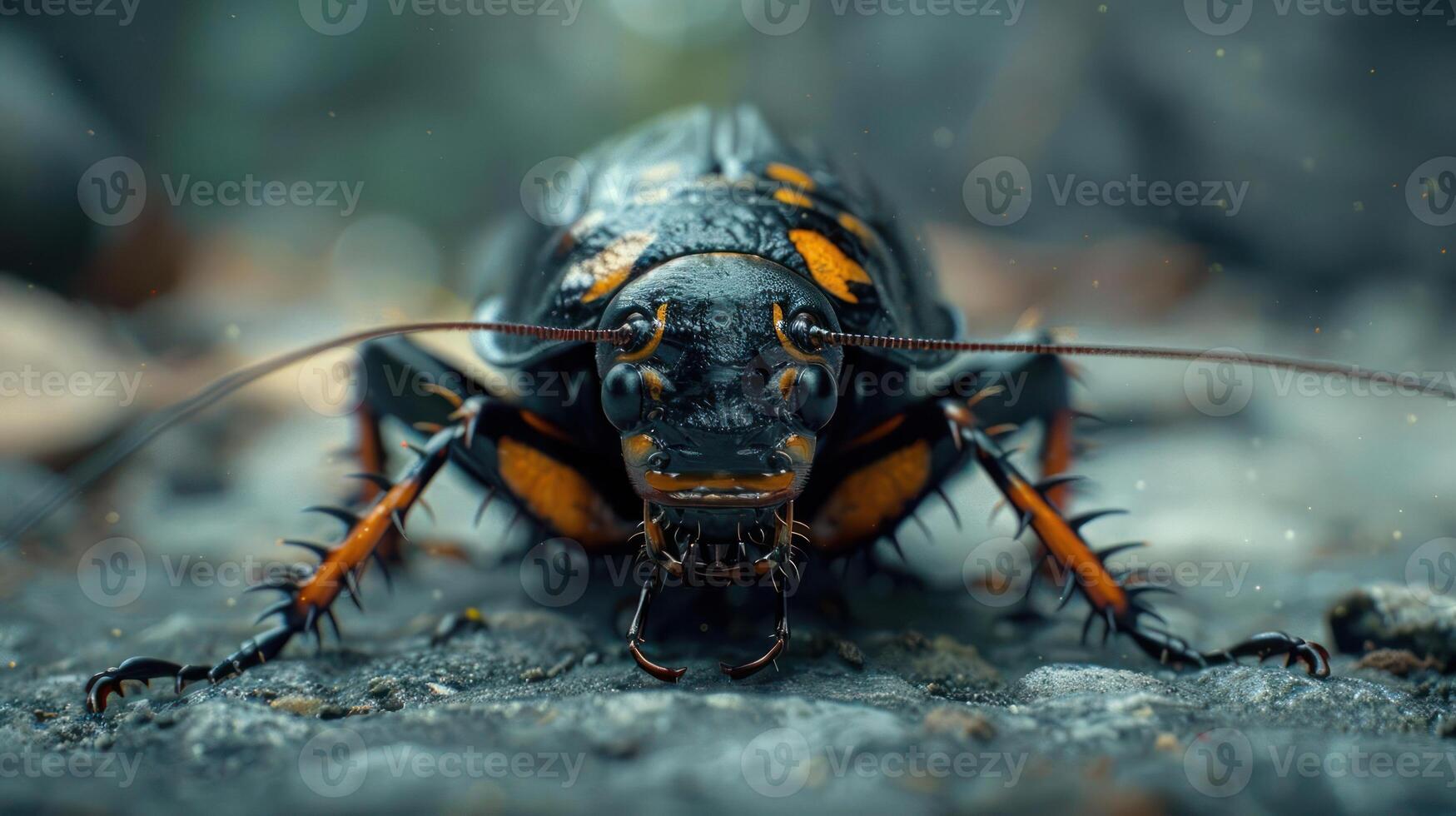 A close-up of a cockroach with orange and black coloration, showcasing its eyes and antenna. photo