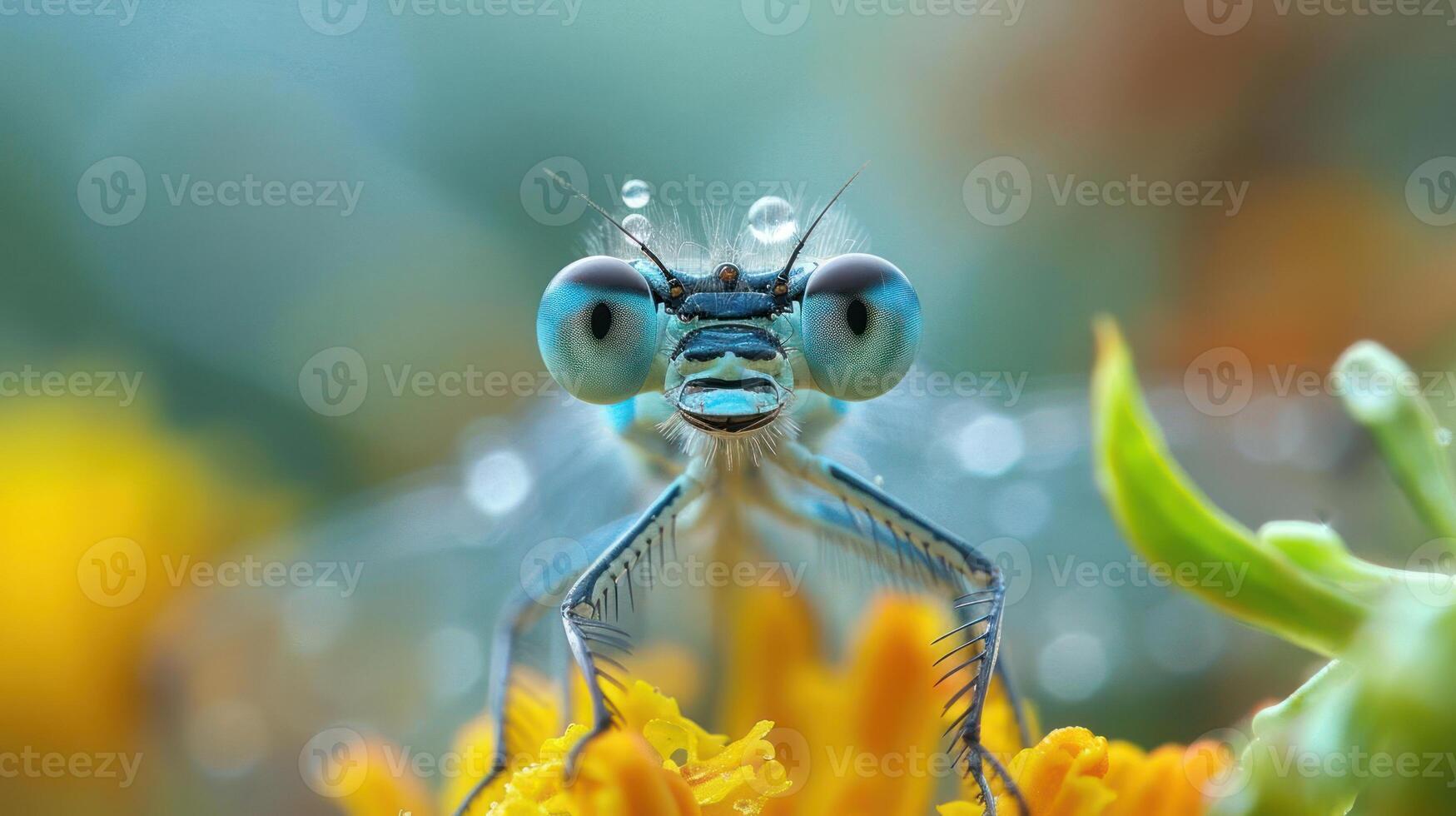 A close-up photo of a blue dazzle dragonfly on a flower with droplets of water,