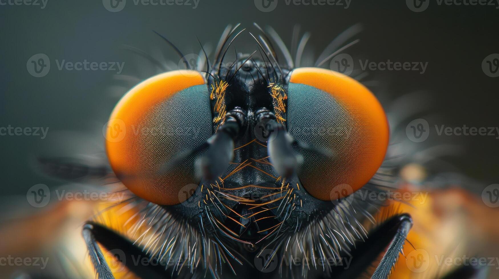 Magnified close-up of a large dragonfly with iridescent coloration and a large eye. photo