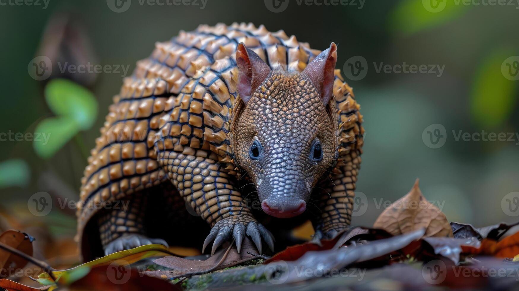A close-up of an armadillo crawling in leaves, showcasing its natural habitat and movement photo