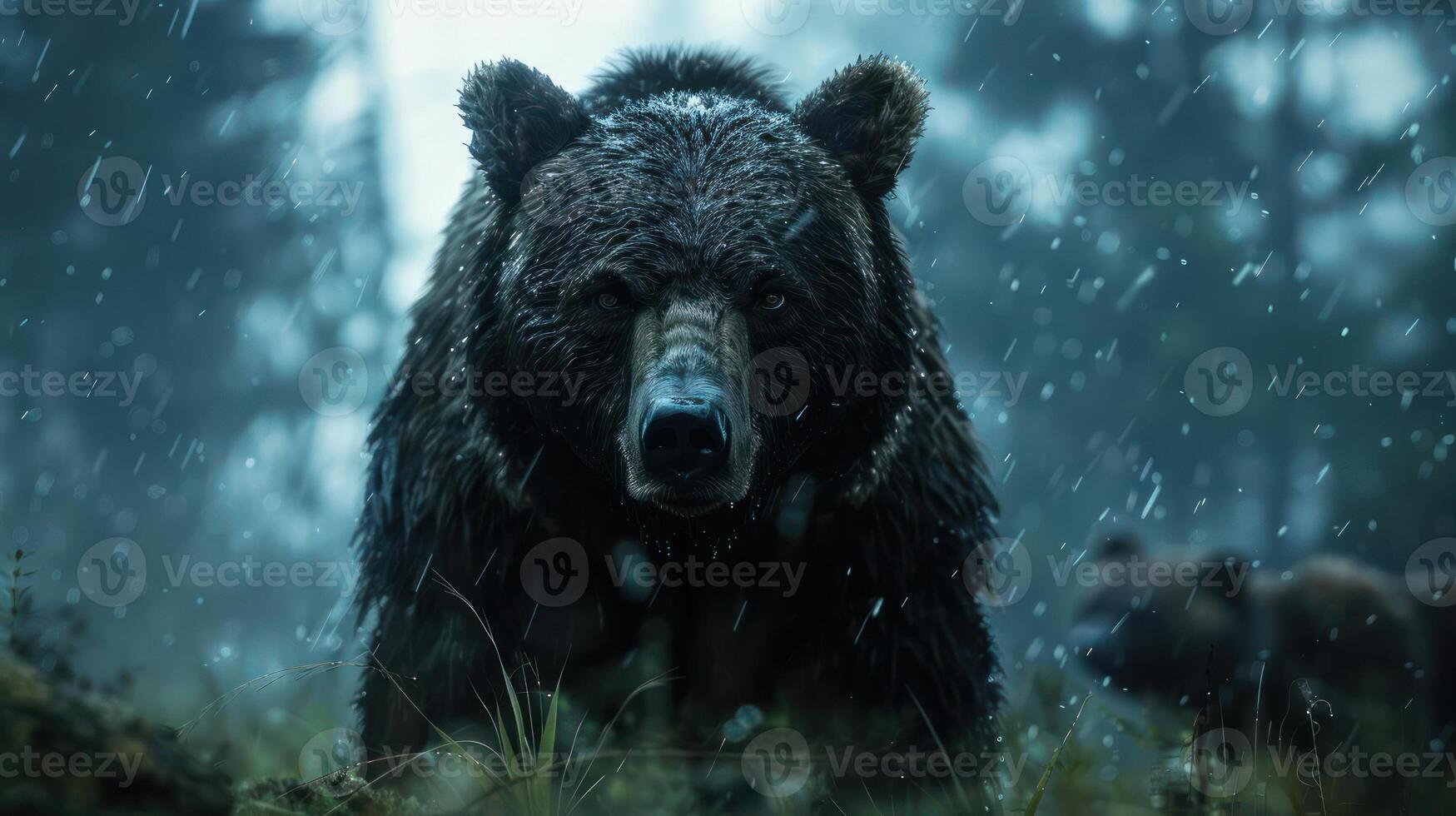 A bear in the rain, staring into the distance, with a checkered pattern overlaid. photo