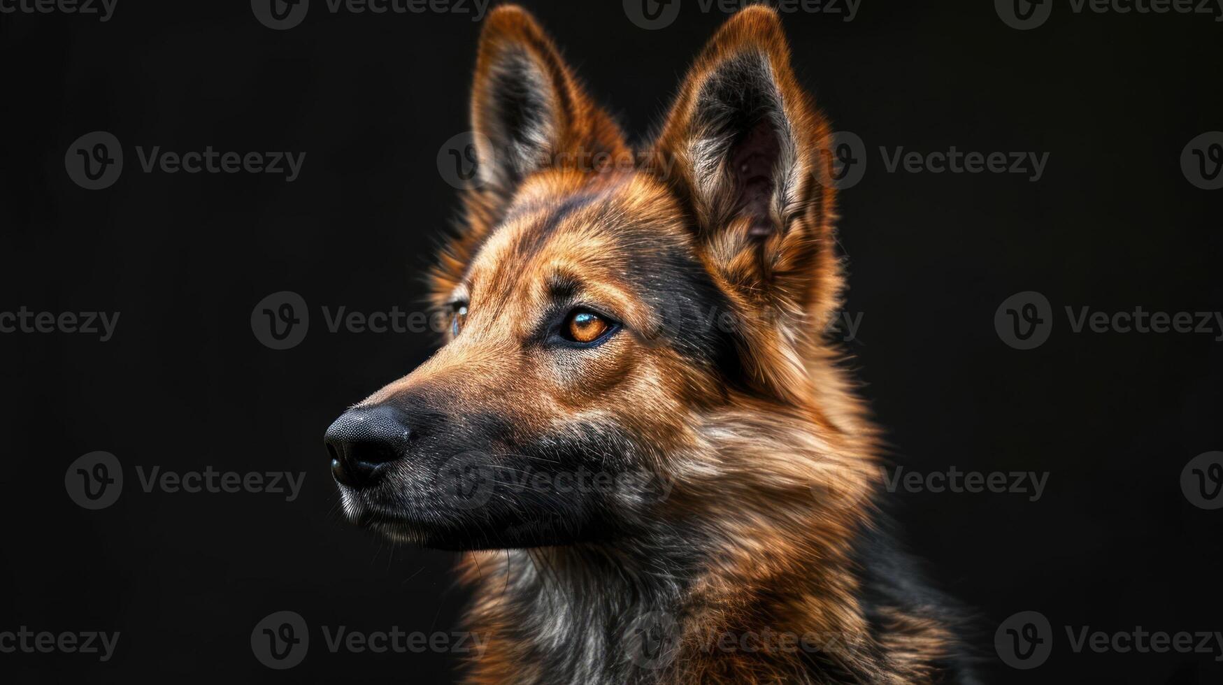 A close-up photo of a German Shepherd looking attentively towards the camera,