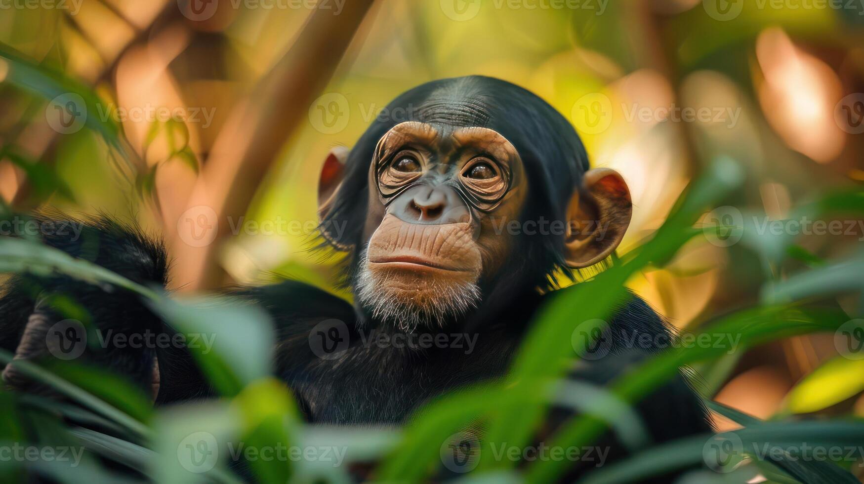 A young monkey peeking out from a thick jungle with lush green leaves and vegetation surrounding it. photo